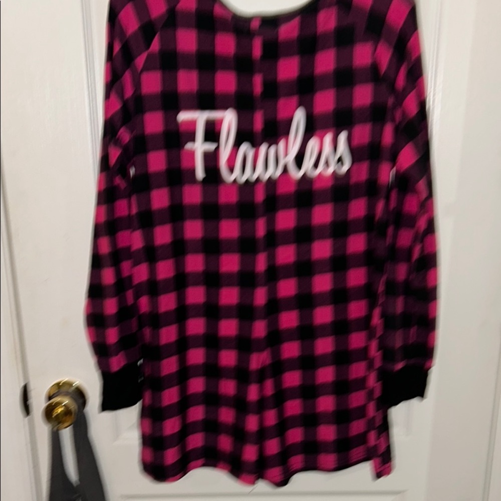 Flawless Pink and Black Plaid Long Sleeve onesie has shorts and snap down front